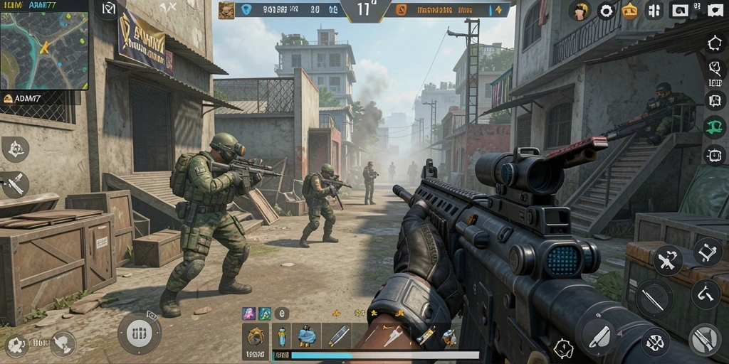 Tampilan gameplay menegangkan dalam ADAM77 dengan aksi FPS yang intens.