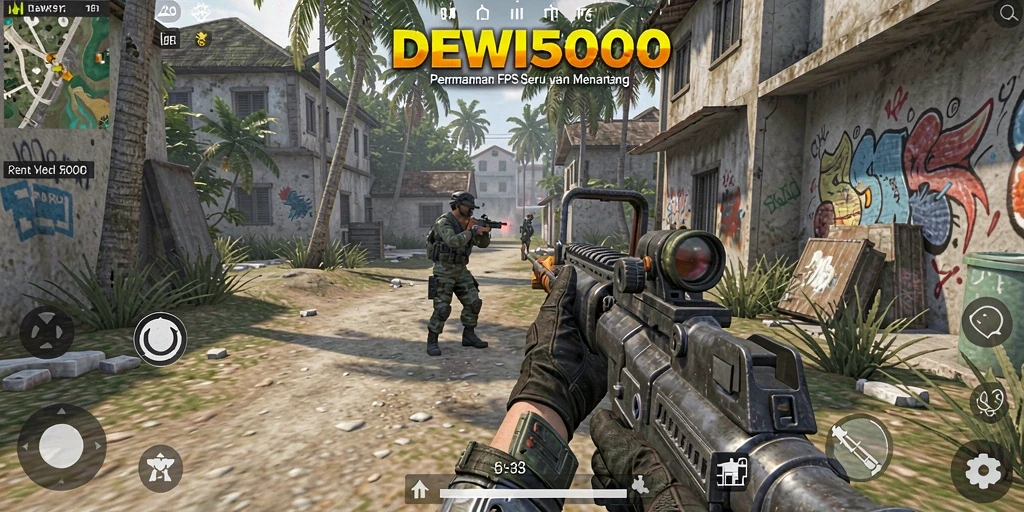 Tampilan gameplay menegangkan dari DEWI5000 dengan aksi FPS intens.