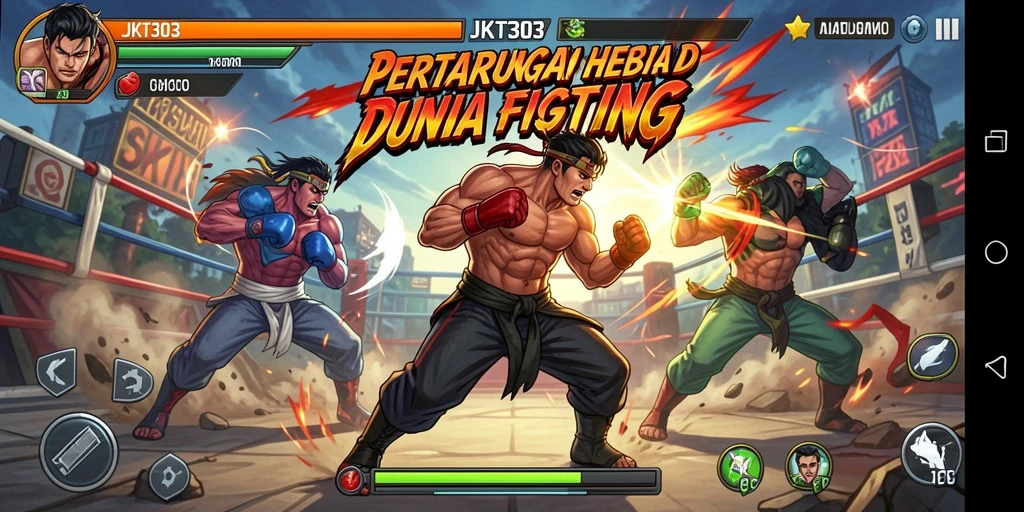 Screenshot utama JKT303 menampilkan aksi pertarungan yang seru.