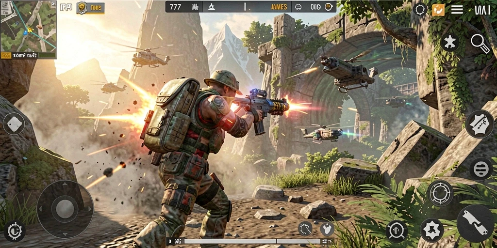Screenshot dari gameplay L777 menampilkan pertempuran seru di lingkungan dinamis.
