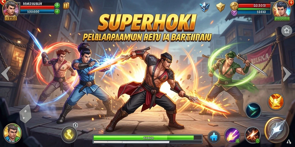 Tangkapan layar SUPERHOKI menampilkan aksi bertarung yang intens dan grafik yang mengagumkan.