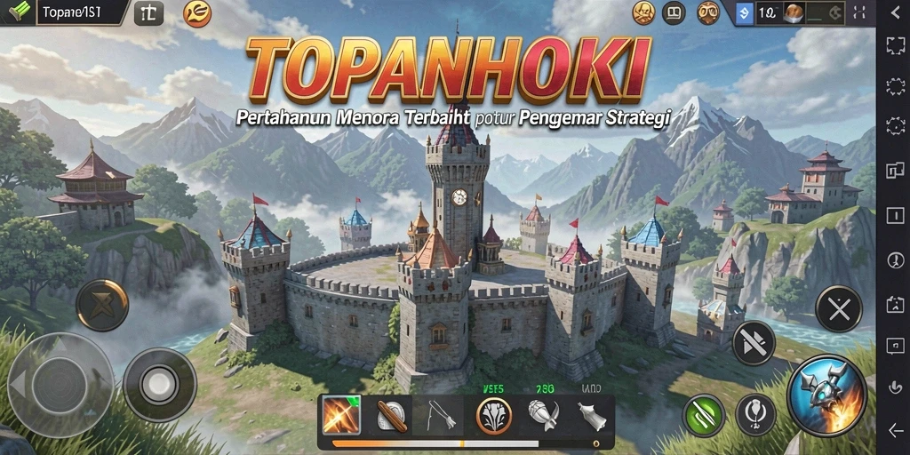 Tampilan gameplay seru dalam TOPANHOKI dengan menara dan musuh yang beragam.